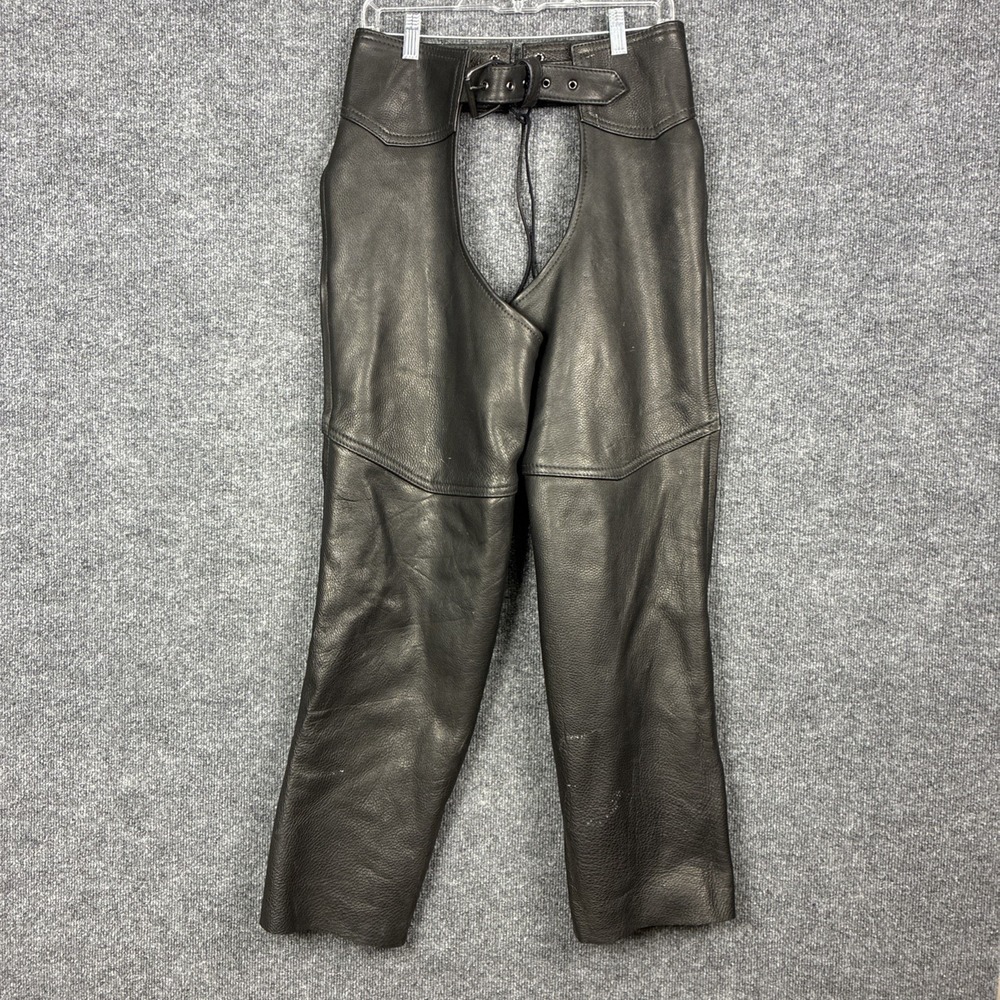 US Made Size Large Mass Black Leather Lined Zip Sides Buckle Motorcycle Chaps
